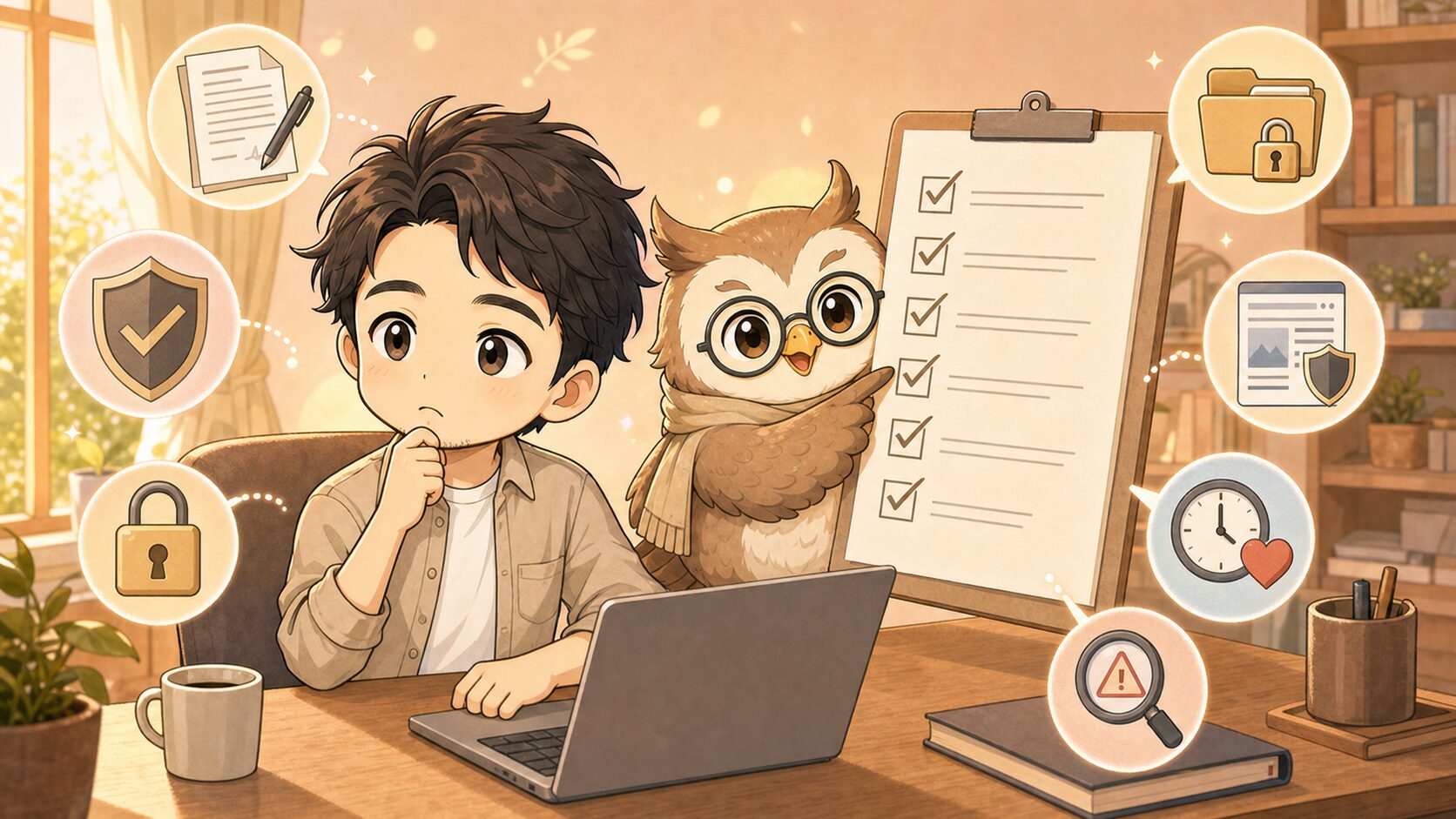 やまちゃんとらく君がAI副業を始める前の注意点を確認するイラスト