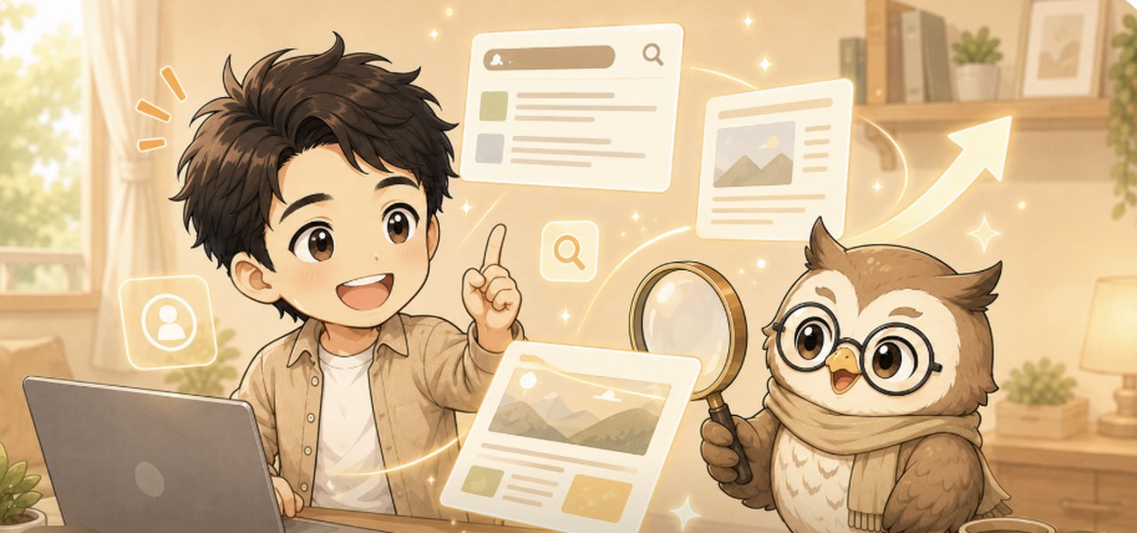 やまちゃんとらく君がAI検索時代のブログ集客を学ぶイラスト