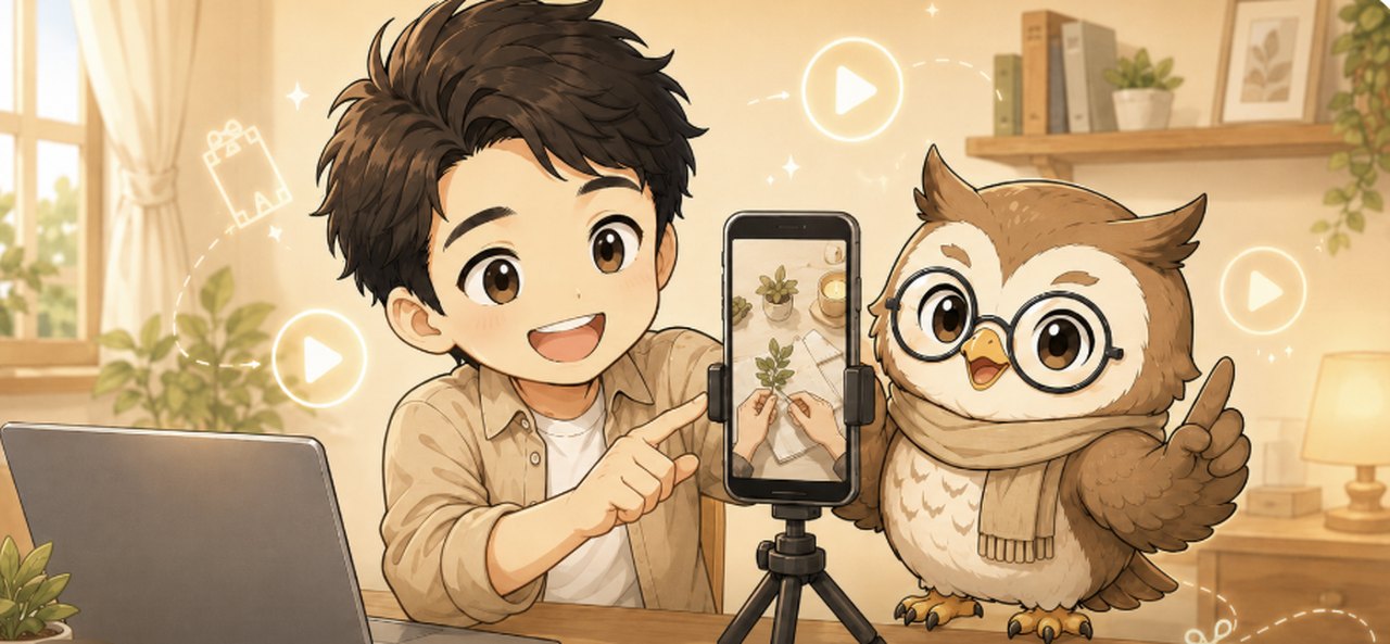やまちゃんとらく君がスマホでAIショート動画を撮影するイラスト