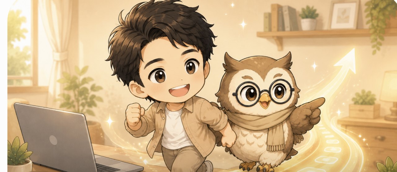 やまちゃんとらく君がAI副業の始め方を3ステップで案内するイラスト