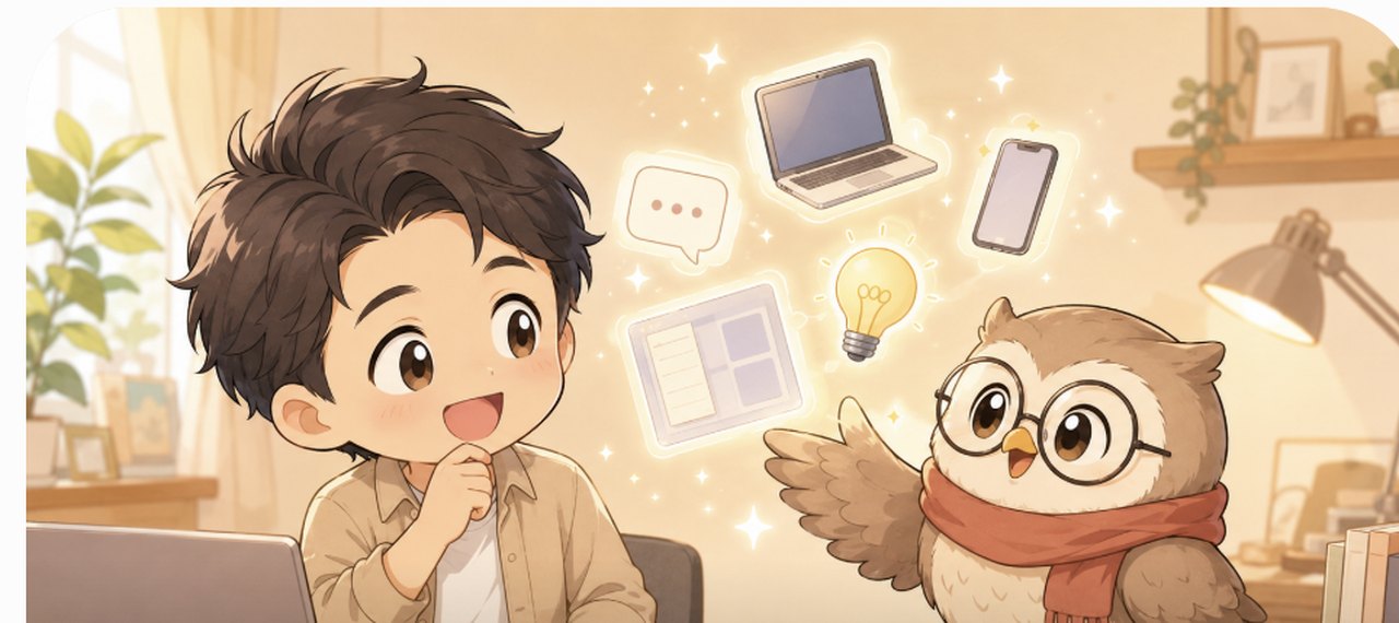 やまちゃんとらく君が初心者向けの無料AIツールを紹介するイラスト