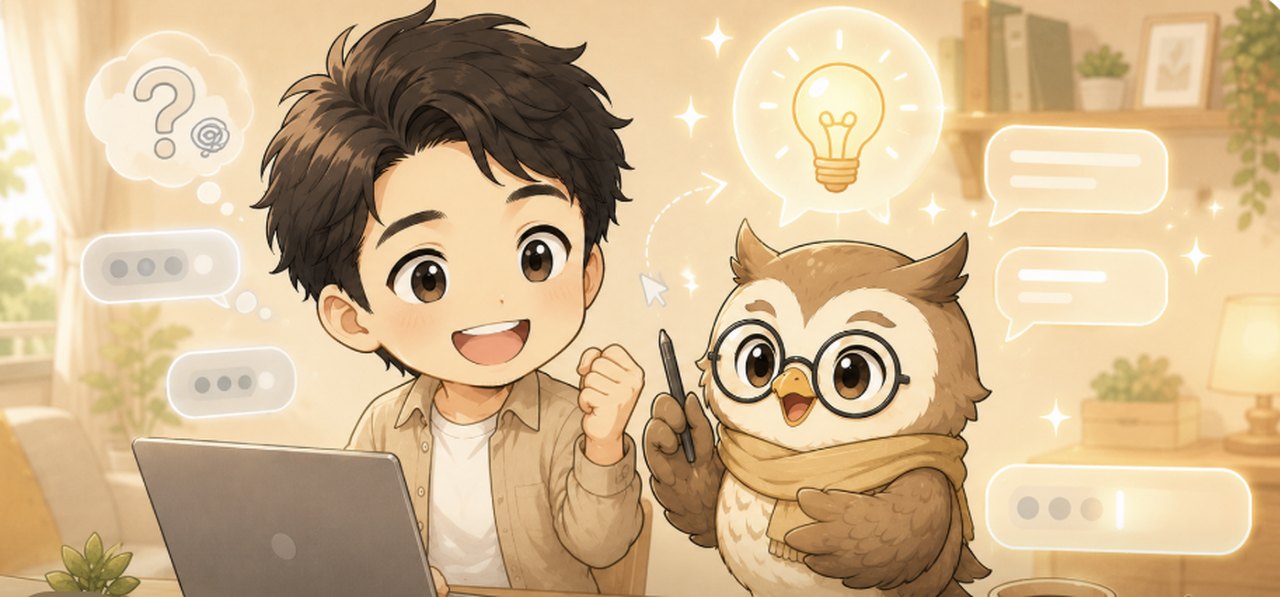 やまちゃんがらく君に教わりながら初めてChatGPTを使うイラスト