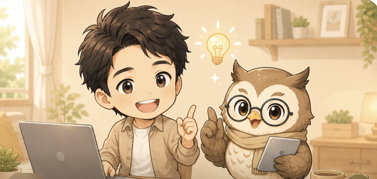 やまちゃんとらく君がAI副業をやさしく案内するイラスト