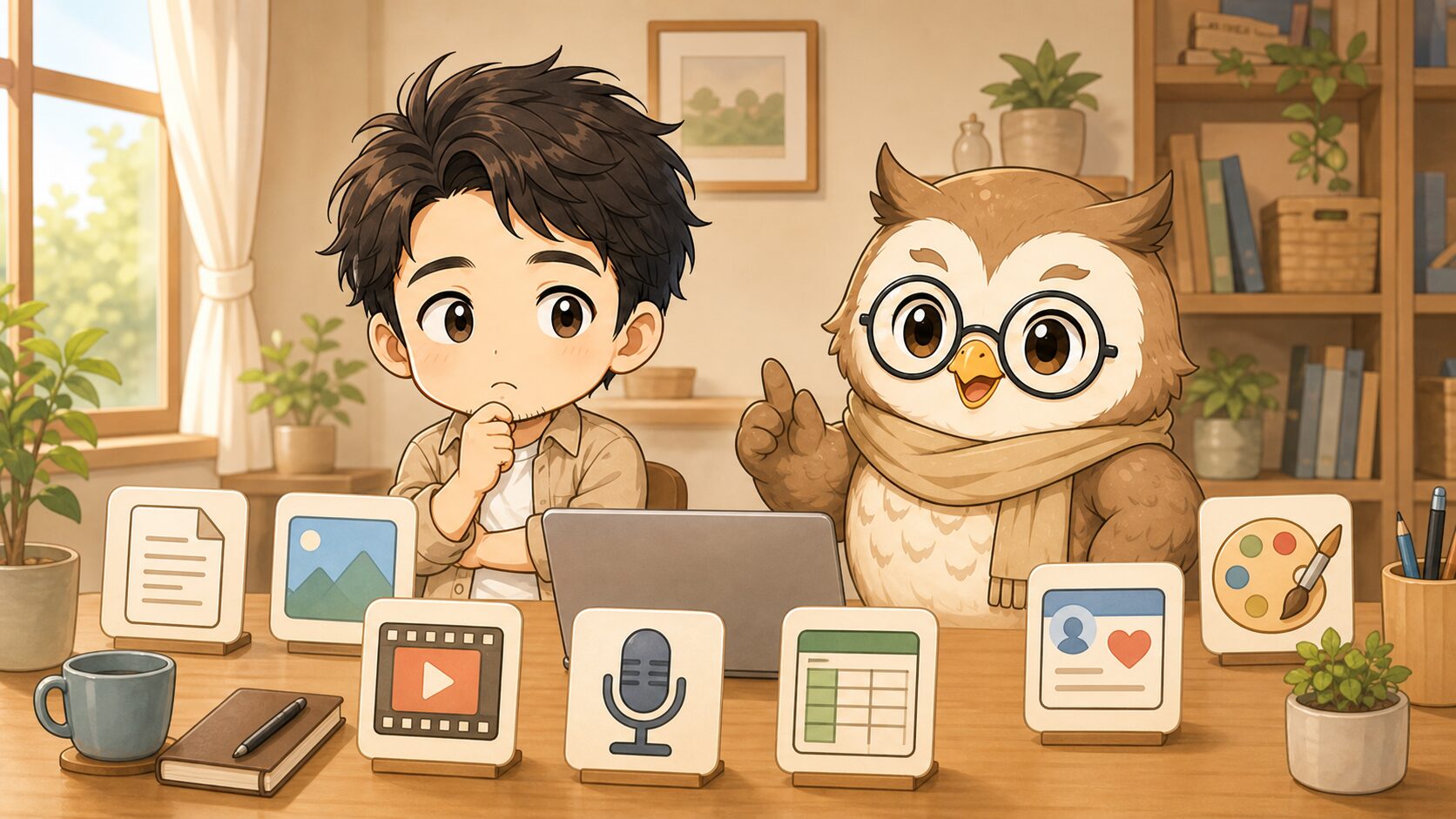 やまちゃんとらく君が7つのAI副業を比較しているイラスト
